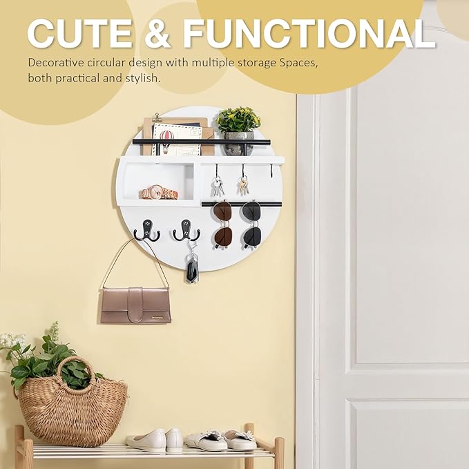 kuaima Key Holder Wall Mount, Round Wooden Key Rack with Shelf, Sunglasses Hanger, Storage Box, Multi Hooks, 12 Inch, White a