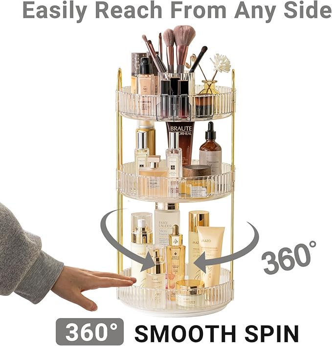 Asayuee 360 Rotating Makeup Organizer,3 Tier Large Capacity Make Up Organizers and Storage,Skincare Perfume Vanity Organizers
