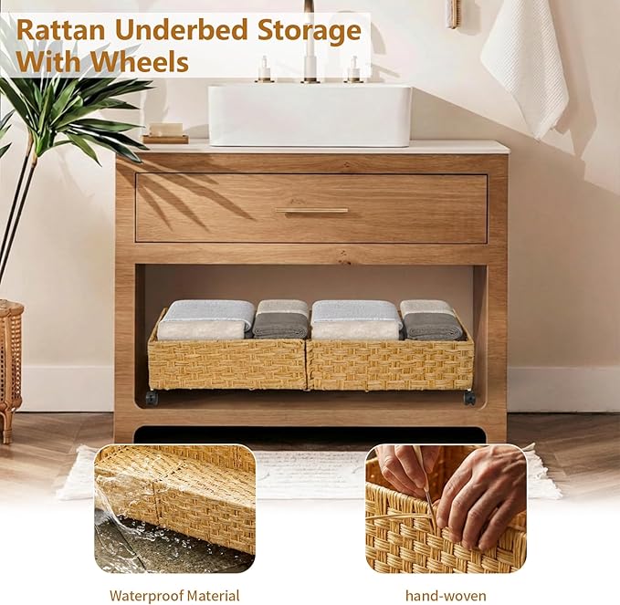 Under Bed Storage Containers with Wheels, 31.5” Large Handwoven Rattan Rolling UnderBed Storage Bins, Tool-free Assembly Natu