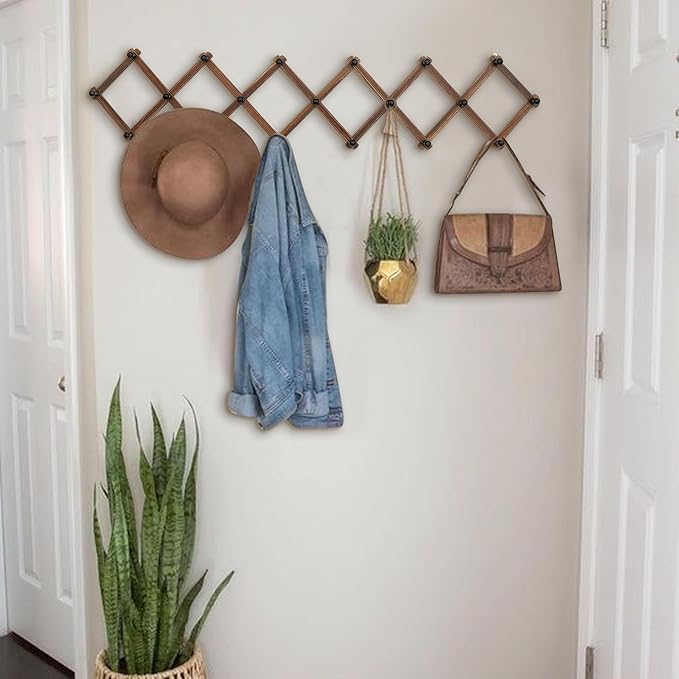 WGFKVAS Expandable Coat Rack, Accordion Wall Hangers, 19 Hooks Wooden Hat Rack Wall Mounted, Hat Hooks for Keys, Coffee Mug, 