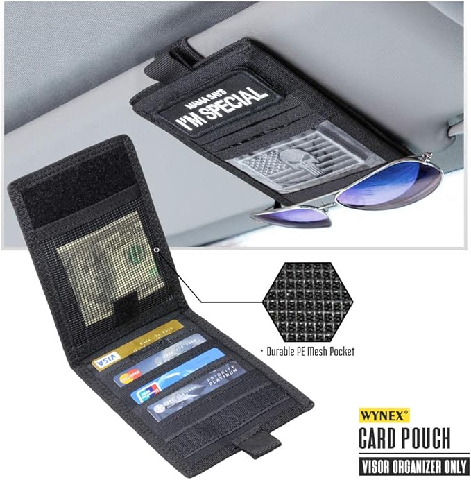 WYNEX Car Visor Organizer with Detachable Card Pouch | Auto Sun Visor Storage Molle Panel with Elastic Webbing Slots for Glasses & Tactical Gear | Fit Most Vehicle, SUVs & Trucks (2, Black (2-Pack))