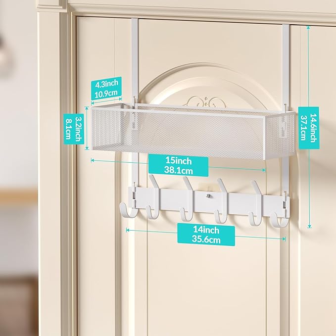 LUCYCAZ Over The Door Hooks Organizer, Door Hanger Storage with Coat Hooks Wreath Hanger & Mesh Basket, Over The Door Towel R
