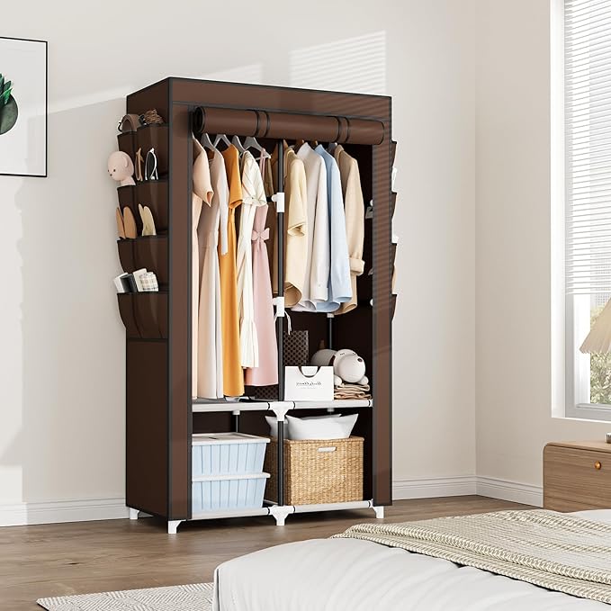 Portable Closet for Hanging Clothes, Portable Wardrobe Closet with Cover, 4 Storage Shelves, 2 Hanging Rods and 8 Side Pocket