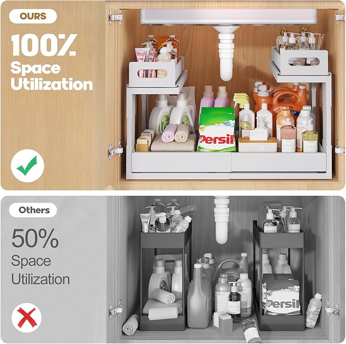 1 Pack Expandable Under Sink Organizers Storage With Upgrade Ball-Bearing Slide Tracks,2-Tier Pull Out Under Cabinet Organize