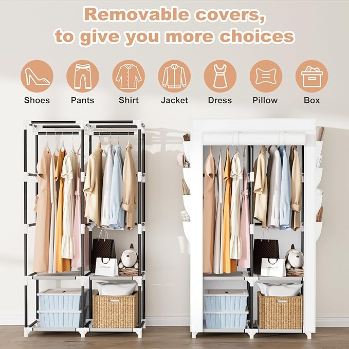 Portable Closet for Hanging Clothes, Portable Wardrobe Closet with Cover, 4 Storage Shelves, 2 Hanging Rods and 8 Side Pocket