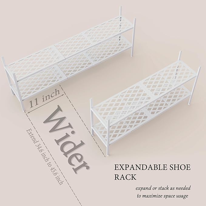Shoe Rack, Expandable Shoes Organizer Metal Shelf Stand, 2 Tier Stackable Long Shoe Storage Holder For Closet, Floor, Entrywa