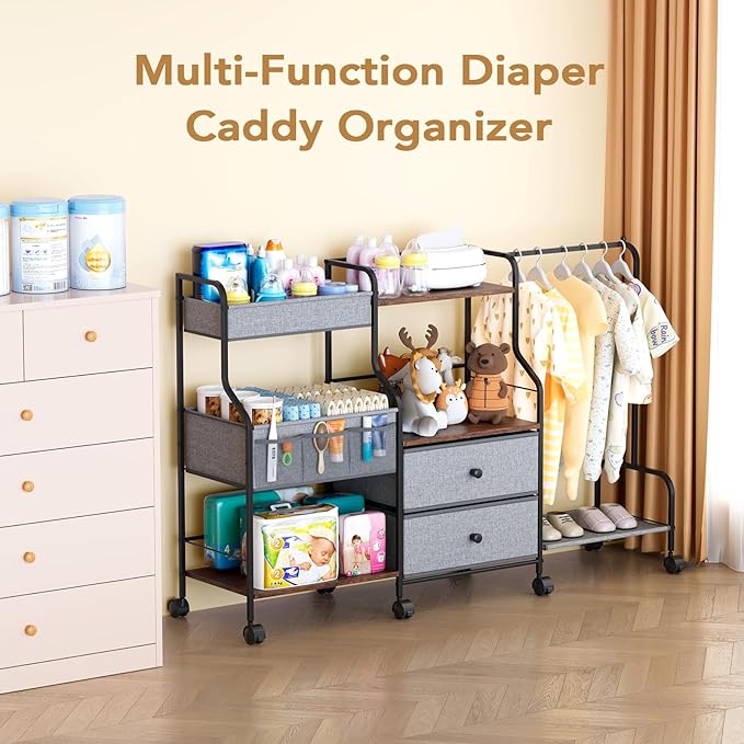BBLIKE Diaper Caddy Organizer with Hanging Rack - 3 Tier Rolling Utility Cart with Drawers and Dividers for Baby Bottle Stora