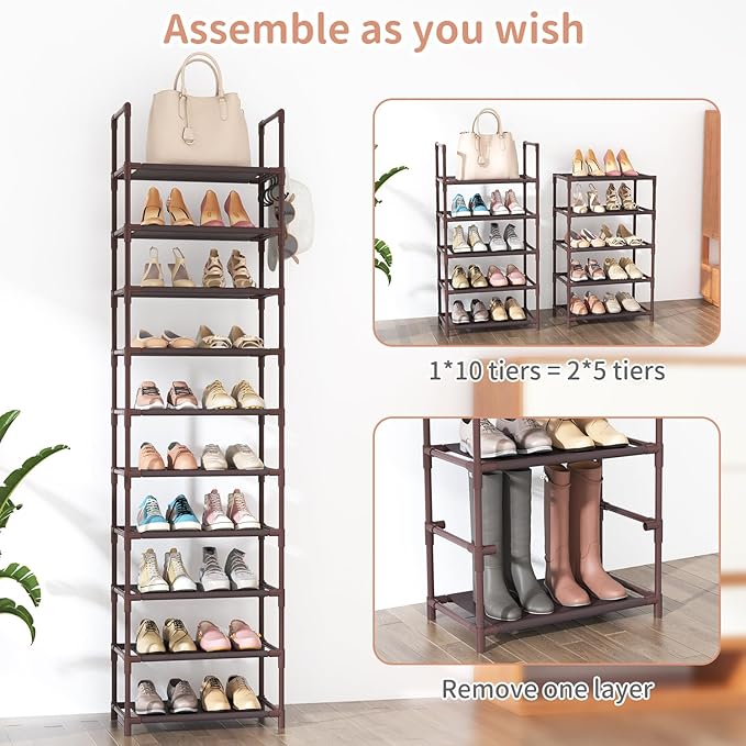 LANTEFUL 10 Tiers Tall Shoe Rack 20-25 Pairs Boots Organizer Storage Sturdy Narrow Shoe Shelf for Entryway, Closets with Hook