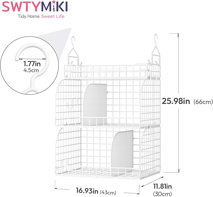 SWTYMIKI Hanging Closet Organizer Storage - 3 Tier Metal Stackable Hanging Closet Shelves with Dividers and S Hooks, Foldable