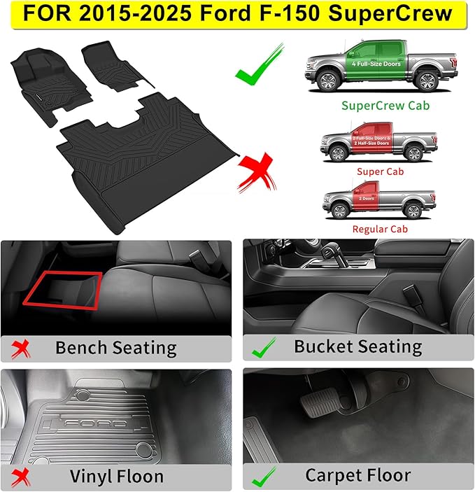 Floor Mats for Ford F-150 2015-2025 SuperCrew & 2022-2025 F-150 Lightning (No Fold Flat Storage) - Front & Rear 3PCS, 1st & 2nd Row Black