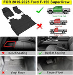 Floor Mats for Ford F-150 2015-2025 SuperCrew & 2022-2025 F-150 Lightning (No Fold Flat Storage) - Front & Rear 3PCS, 1st & 2nd Row Black