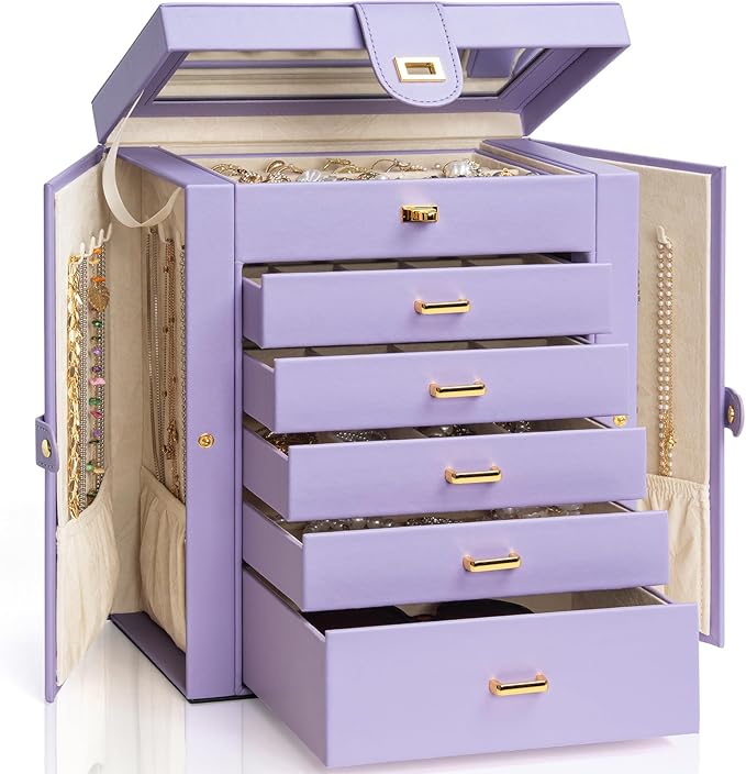 AKOZLIN Large Jewelry Box Organizer Functional with Big Mirror, Leather Jewelry Storage Case for Women Girls Ring Necklace Ea
