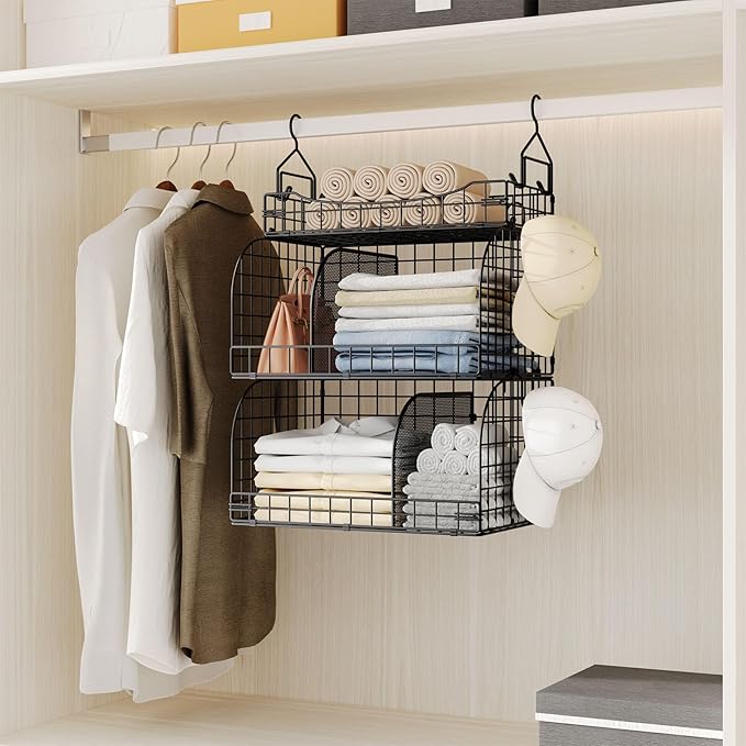 HapiRm Hanging Closet Organizer Storage - 3 Tier Metal Stackable Hanging Closet Shelves with Dividers and S Hooks, Foldable C