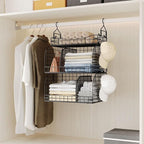 HapiRm Hanging Closet Organizer Storage - 3 Tier Metal Stackable Hanging Closet Shelves with Dividers and S Hooks, Foldable C