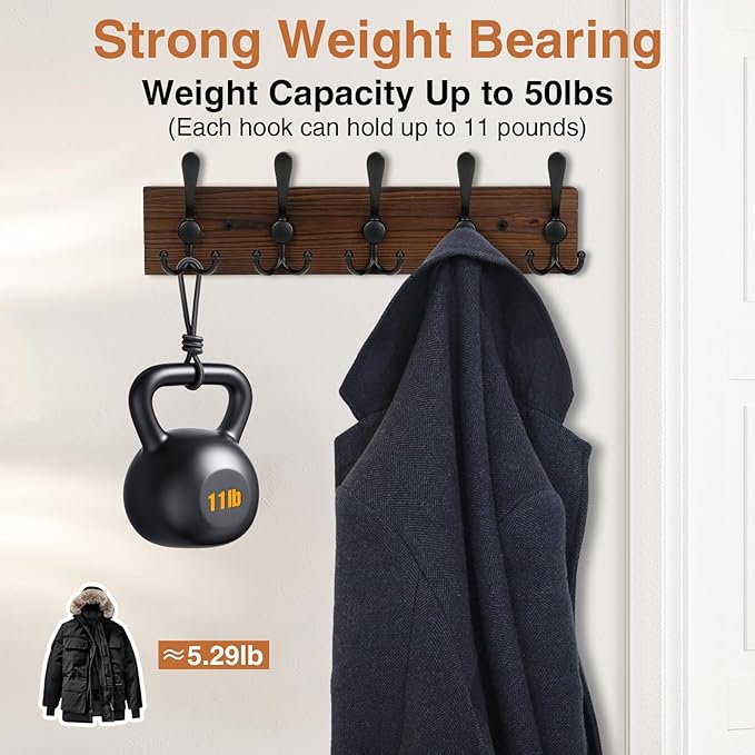 Wooden Coat Rack Wall Mount Heavy Duty, 2 Pack Coat Hanger Wall Mount with 5 Triple Hooks for Clothes, Jacket, Hat, Keys, Spa