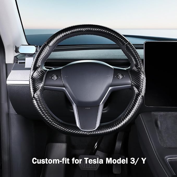 Steering Wheel Cover for 2017-2023 Tesla Model 3 2020-2024 Tesla Model Y, Carbon Fiber Steering Wheel Cover for Tesla Model 3/Y Accessories, Matte Black