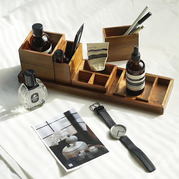 Wood Vanity Tray, 6-Piece Small Bathroom Counter Organizer Wooden Decorative Trays Rectangular Perfume Jewelry Makeup Cosmeti