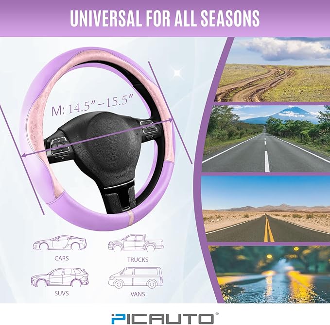 PIC AUTO Steering Wheel Cover, Pink Patterned & Light Purple Leather Patchwork Design, Universal Fit 14.5"–15.5", Anti-Slip, 