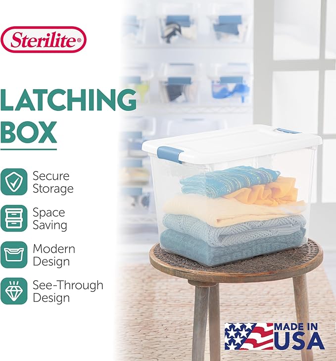 Sterilite 12-Pack Latching Box, Under Bed Storage Bins with Lids, Clear Plastic, 25 Quart - Heavy-Duty Organizing Containers 