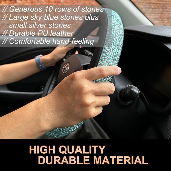 PINCTROT D Shaped Bling Comfy Steering Wheel Cover with Jumbo Crystal Rhinestones, Anti-Slip Diamond Leather, Flat Bottom 14.5-15 Inch (Sky Blue)
