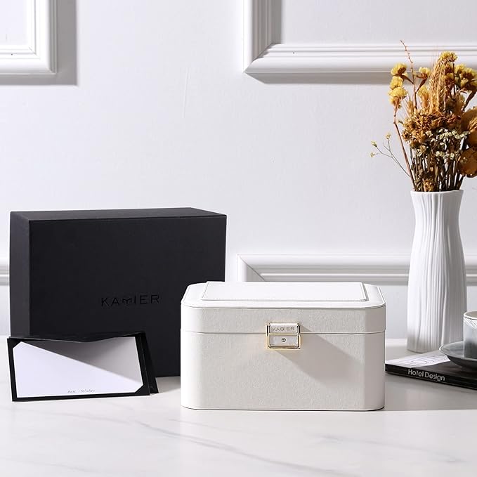 KAMIER Travel Jewelry Box, 2 Layers PU Leather Portable Jewelry Organizer, Large Capacity, Double Lock and Large Mirror, Hidd
