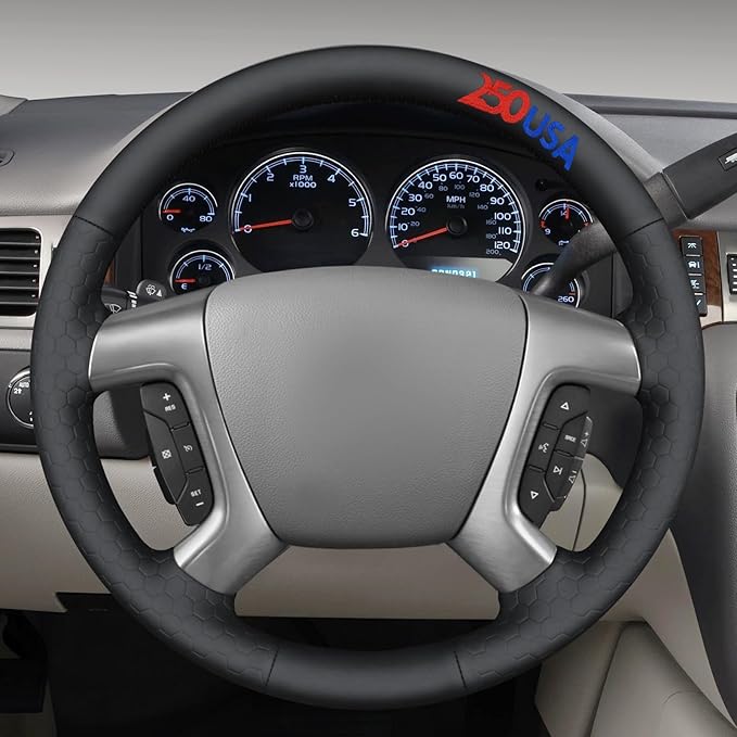 MEWANT USA 250th Anniversary Embroidered Hand-Stitched Steering Wheel Cover for Chevy Silverado 1500 2007 2500 3500 Avalanche Suburban Tahoe Traverse Black Hive Embossed Faux Leather Steering Wrap