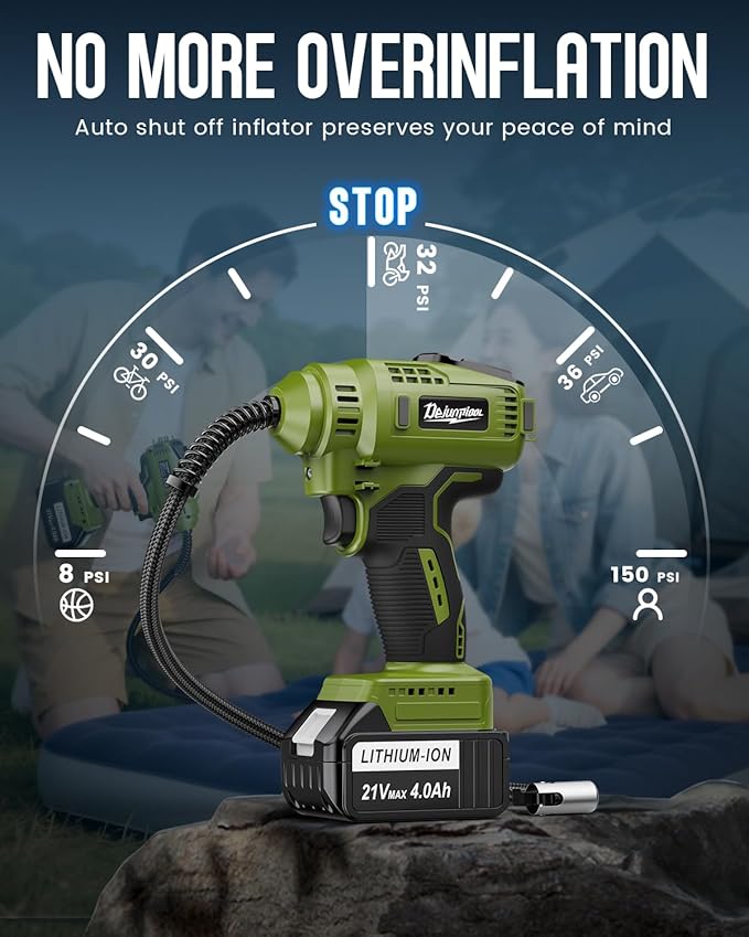 TREE.NB Cordless Tire Inflator Portable Air Compressor with 2 21V Battery Powered Air Pump Portable Tire Inflator for Car 150PSI with Dual Power Supply Modes, LED Light