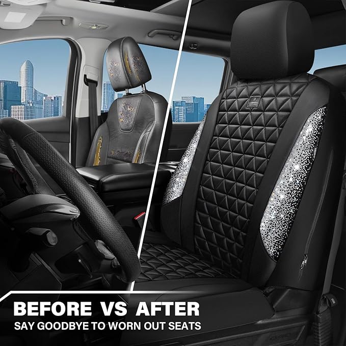 CAR PASS Bling Diamond Leather Car Seat Covers for 2 Front Interior Sets, Waterproof Shining Glitter Sparkly Crystal Universa