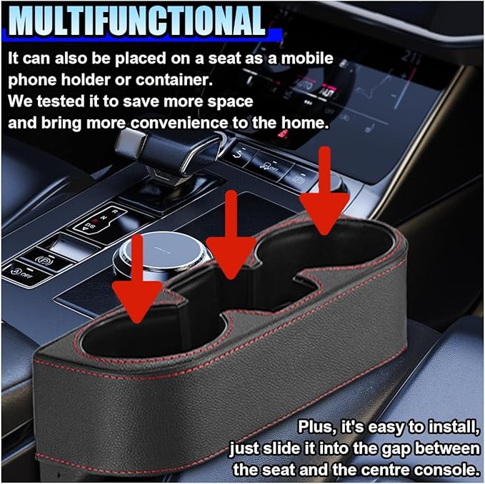 Car Cup Holder, PU Leather Auto Front Console Gap Filler Organizer, Multifunctional Cup Drink Holder, Car Seat Gap Filler Storage Box, Coin Bucket, Cell Mobile Phone Holder (Black)