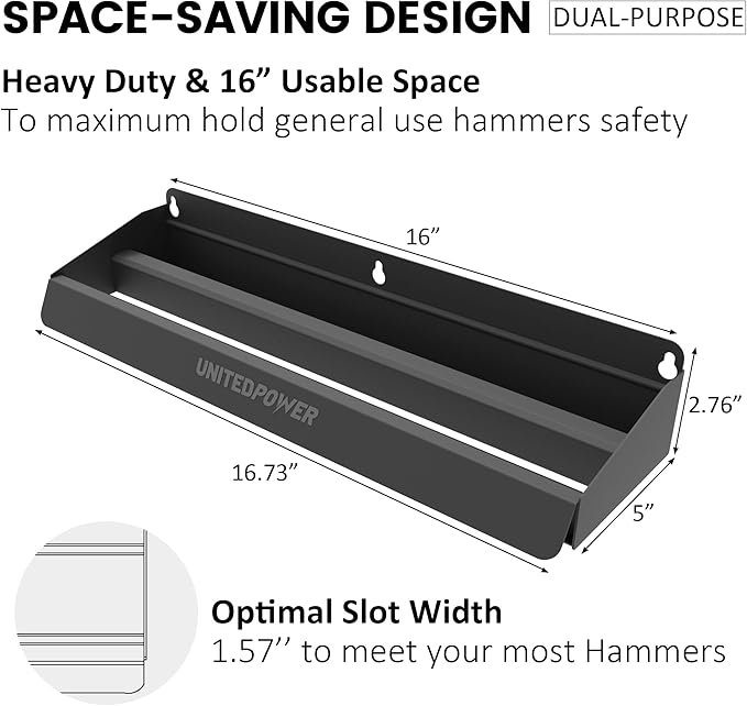 UNITEDPOWER Hammer Holder, Wall Mount Storage Rack Organizer for Workshop, Shed, Garage, Home, Fit Most of Hammer or Small To