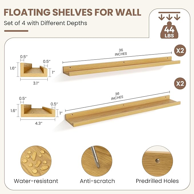 Fun Memories Picture Ledge Shelf, Floating Shelves Set of 4, 36 Inch Picture Shelves for Wall with Ledge, Large Nursery Book 