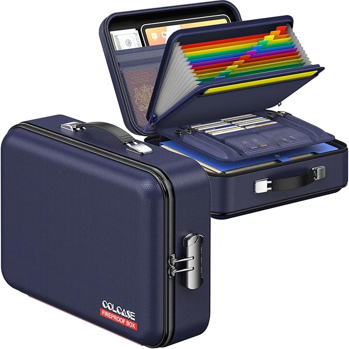 COLCASE Fireproof File Box, Hard Case Fireproof Document Organizer with Lock Hard-Shell Design Fireproof Water Resistant Safe