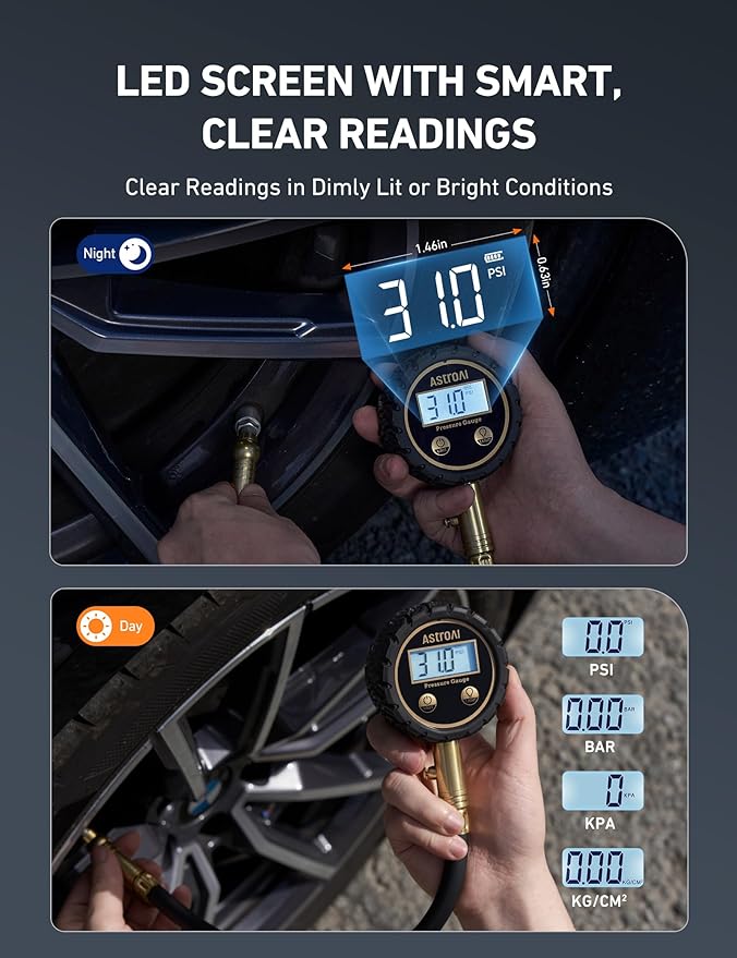 AstroAI Pro Digital Tire Pressure Gauge 3-250PSI ANSI B40.7 Grade 2A (±0.5%), Tire Gauge for Tire Pressure, Solid Brass with Rubber Hose, Air Bleeder Valve and Backlit LED, Car Accessories, Gold