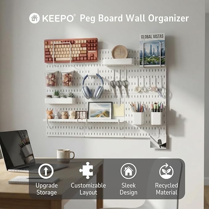 Keepo Peg Board Wall Organizer – Plastic Pegboard Panels, Modular Peg Board Storage System for Home Office, Craft Room, Gamin