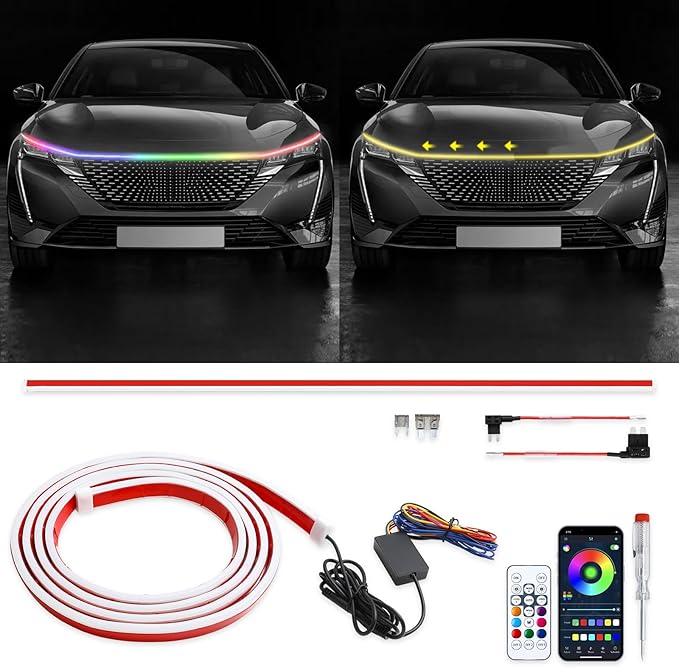 JMTBNO 94 Inch Car Hood Lights Strip, Universal Multicolor Exterior Dynamic Car LED Hood Light with Fuse Flexible & Waterproof Daytime Running Light Strip for Cars SUVs Trucks Pickup