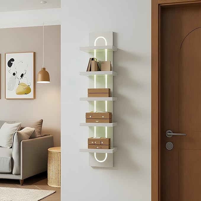 5 Tier Wall Shelf Unit with Light-Small Floating Shelves for Home Decor, Modern Unique Asymmetric Design for Bedroom & Living