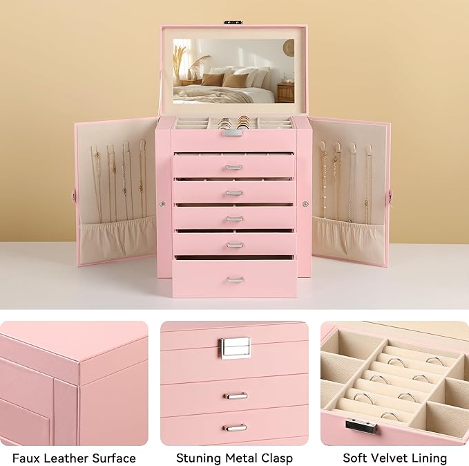 Frebeauty Large Jewelry Box,6-Tier PU Leather Jewelry Organizer,Multi-functional Storage Case with Mirror,Accessories Holder 