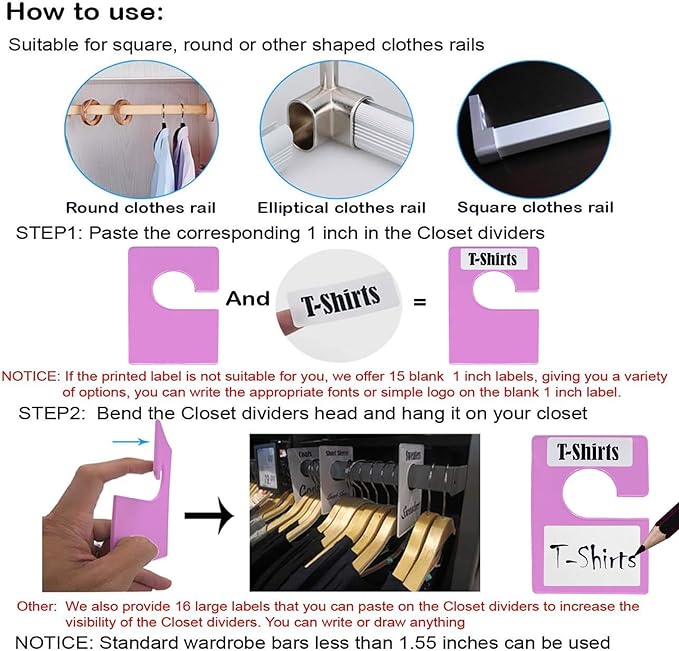 10 Pack White Clothing Rack Size Dividers Plus 45 Labels (1 Inch) and 18 Large Blank Labels, Large Rectangular Clothing Close
