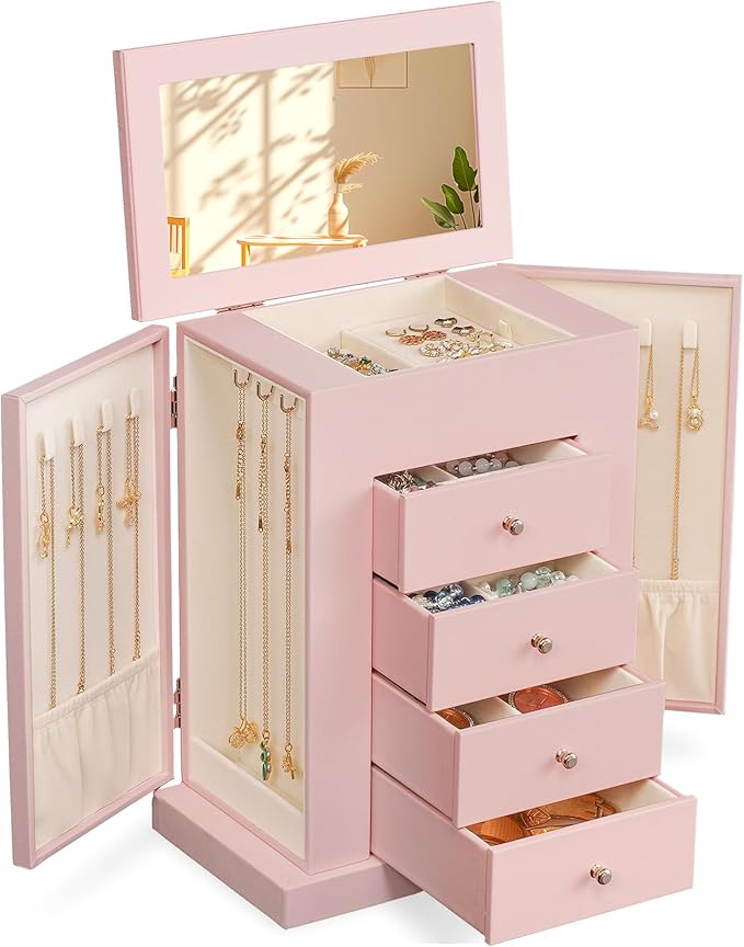 Emfogo Jewelry Boxes for Women, 5-Layer Large Leather Jewelry Organizer Box with Mirror and Drawers, Jewelry Storage for Neck