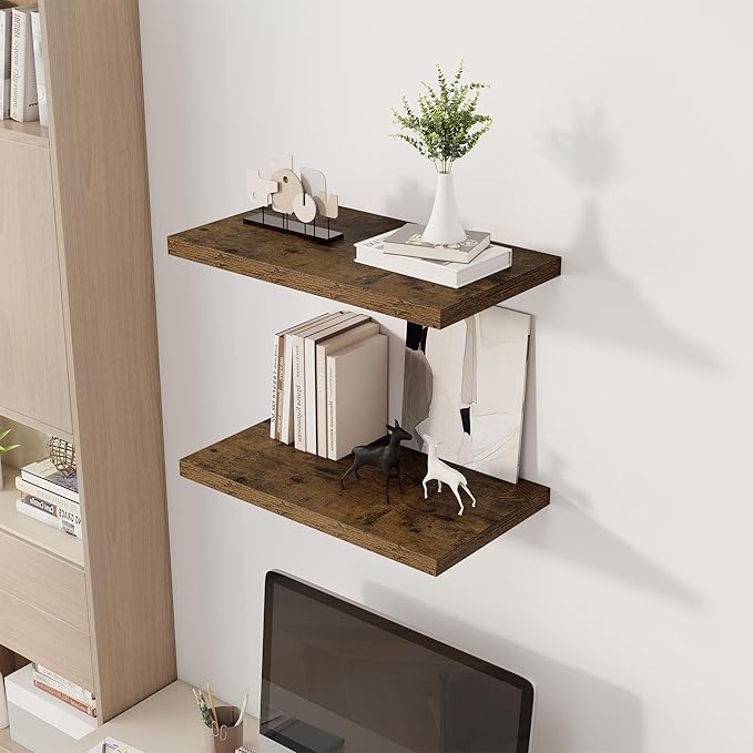 Dreamland 24" Floating Shelves for Wall, 12" Deep Slim Rustic Brown Floating Shelves, Wall-Mounted Shelves for Bedroom, Livin