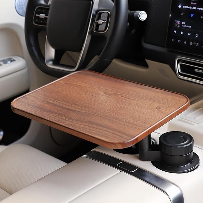 360° Rotating Wood Car Tray & Desk for Laptop - Steering Wheel Cup Holder Table, Car Accessories for Women & Men, Compatible with Tesla Model Y/3/S, Ford F150/Explorer/Maverick & Most Vehicles