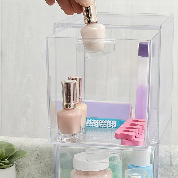 STORi Audrey Stackable Bin Clear Plastic Organizer Drawers | 2 Piece Set | Organize Cosmetics and Beauty Supplies on a Vanity