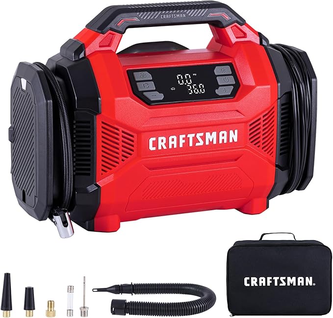 CRAFTSMAN Dual Power Tire Inflator Portable Air Compressor, 12V DC Car Plug & 120V AC Home Use, Up to 150 PSI with Digital Gauge & Auto Shut-Off, LED Light, Air Pump for Cars, Bikes & Inflatables