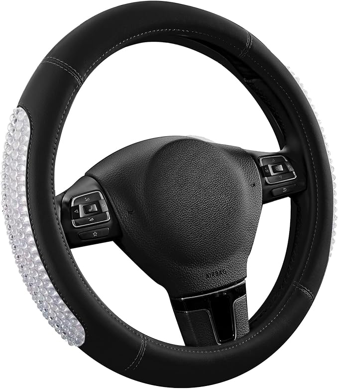 PIC AUTO Steering Wheel Cover, Glitter Gel Particles & Black Luxury Leather Car Steering Cover, Universal Fit 14.5"-15.5" Ant