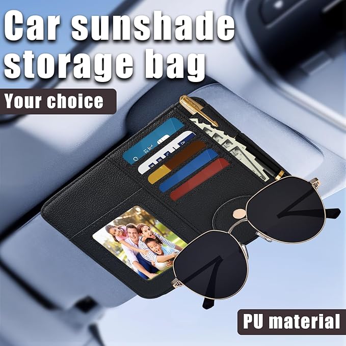 Visor Organizer, Black Sunglass Holder For Car, Sunvisor Organizers with Multiple Pockets and Picture Frame, Essential Car Interior Accessories for Women and Men