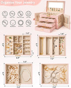 AKOZLIN Large 4-Tier Jewelry Box Leather Jewelry Storage Organizer with 3 Drawers Lockable for Women Girls Ring Necklace Earr