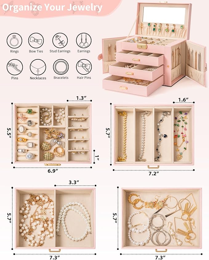 AKOZLIN Large 4-Tier Jewelry Box Leather Jewelry Storage Organizer with 3 Drawers Lockable for Women Girls Ring Necklace Earr