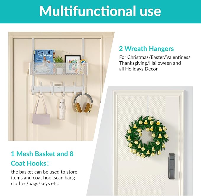 LUCYCAZ Over The Door Hooks Organizer, Door Hanger Storage with Coat Hooks Wreath Hanger & Mesh Basket, Over The Door Towel R