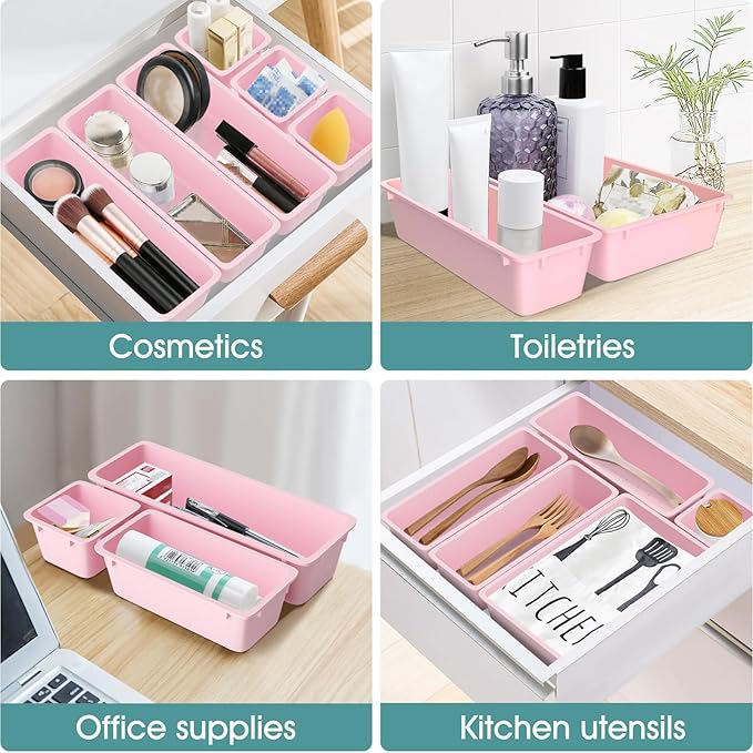 WOWBOX 25 PCS Plastic Drawer Organizer Set, 4 Sizes Desk Drawer Divider Organizers and Storage Bins for Makeup, Jewelry, Gadg