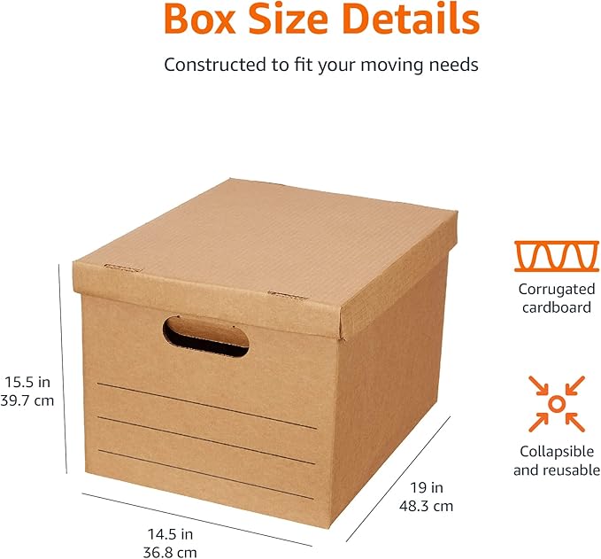 Amazon Basics Moving and Storage Boxes with Handles and Lift-Off Lids, Medium, 19" x 14.5" x 15.5", Brown, 10-Pack